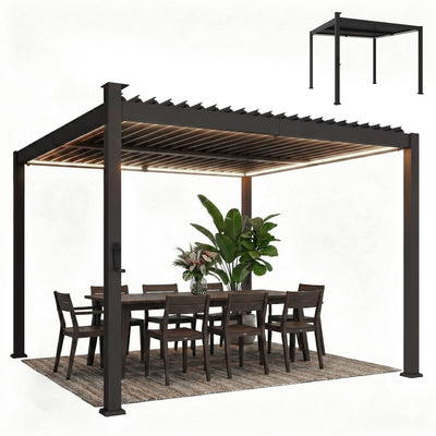 10 x 10 ft Louvered Pergola with Solar LED lights, Metal Roof