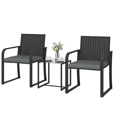 Outdoor Bistro Set, 3 Piece Wicker Patio Furniture with Mesh Seat, Glass Table