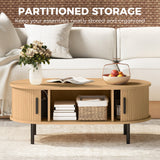 Coffee Table with Sliding Tambour Doors and Storage Center Table with Metal Legs, 39