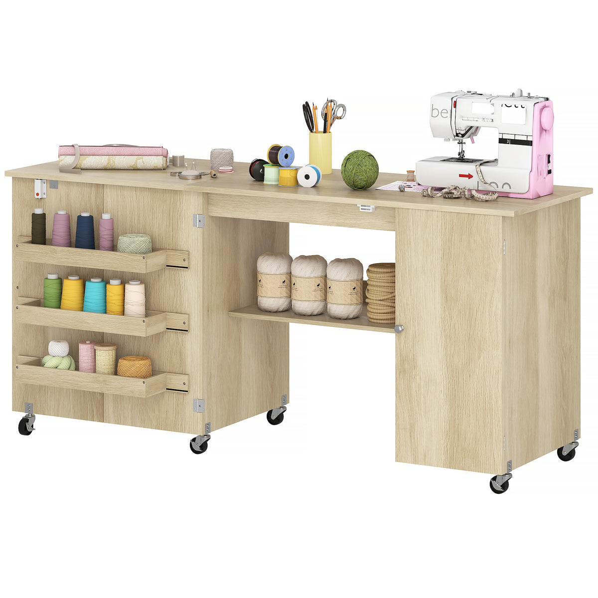 Sewing Machine Table with Drop Leaf, Folding Craft Table with 2 Doors and Adjustable Shelf for Small Spaces