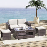 2-Tier Rattan Patio Coffee Table Wicker Patio Tea End Desk with Tempered Glass Top & Storage for Balcony