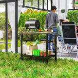 Chariot de Cuisine BBQ avec Plateau Inox, Socle Four à Pizza 2 Tablettes Déplaçable avec Roulettes