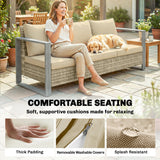 3-Seater Outdoor Couch, PE Wicker Patio Sofa with Deep Seat, Wood-Effect Aluminum Armrests