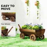 Boîte de plantation en wagon en bois, jardinière mobile avec 4 roues, petit chariot-brouette avec trous de drainage