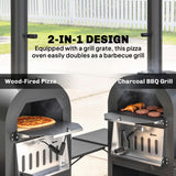Outdoor Wood Fired Pizza Oven with Side Shelves and Open Cabinet, Pizza Maker on Wheels with Thermometer