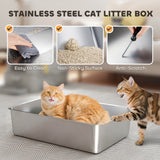 Bac à litière pour chats XL 80L en acier inoxydable pour gros chats avec couvercle rabattable, tiroir coulissant, haut rebord