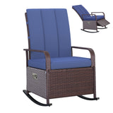 Chaise à bascule en rotin extérieur avec coussin, fauteuil inclinable PE en rotin pour patio avec repose-pieds ajustable