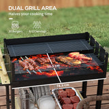 Barbecue au charbon de bois, chariot de barbecue avec double grille réglable, table d'appoint, tablette de rangement et roues