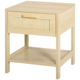 Narrow Nightstand with Rattan Elements, Bedside Table with Drawer and Storage Shelf for Bedroom