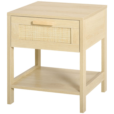Narrow Nightstand with Rattan Elements, Bedside Table with Drawer and Storage Shelf for Bedroom
