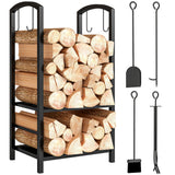 2-Tier Firewood Log Rack with 4 Tools, Fireplace Wood Storage Holder with Shovel