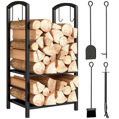 2-Tier Firewood Log Rack with 4 Tools, Fireplace Wood Storage Holder with Shovel