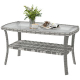 Outdoor Coffee Table with Storage Shelf, PE Wicker Patio Table with Glass Top for Garden