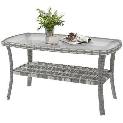 Outdoor Coffee Table with Storage Shelf, PE Wicker Patio Table with Glass Top for Garden
