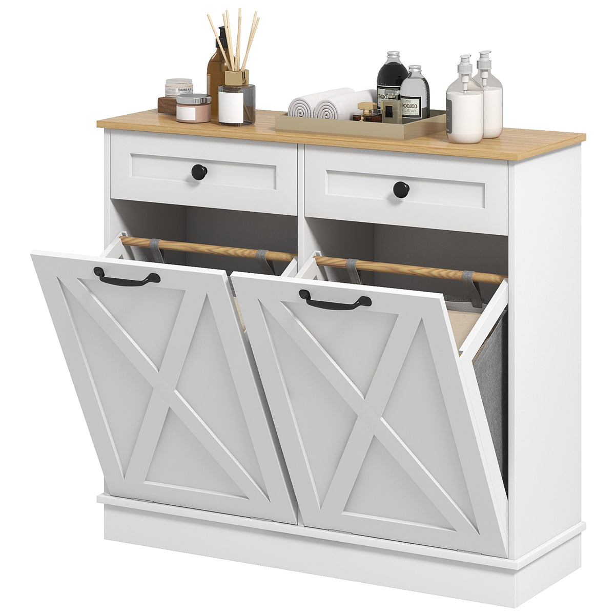 Tilt Out Laundry Cabinet, Bathroom Storage Cabinet with 2 Removable Baskets and 2 Drawers