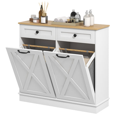Tilt Out Laundry Cabinet, Bathroom Storage Cabinet with 2 Removable Baskets and 2 Drawers