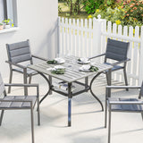 Outdoor Dining Table for 4, Shelf, Slatted Faux Wood Steel Top