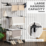 Foldable Clothes Drying Rack, 4-Tier Steel Laundry Rack for Drying Clothes with 2 Side Wings and 4 Castors