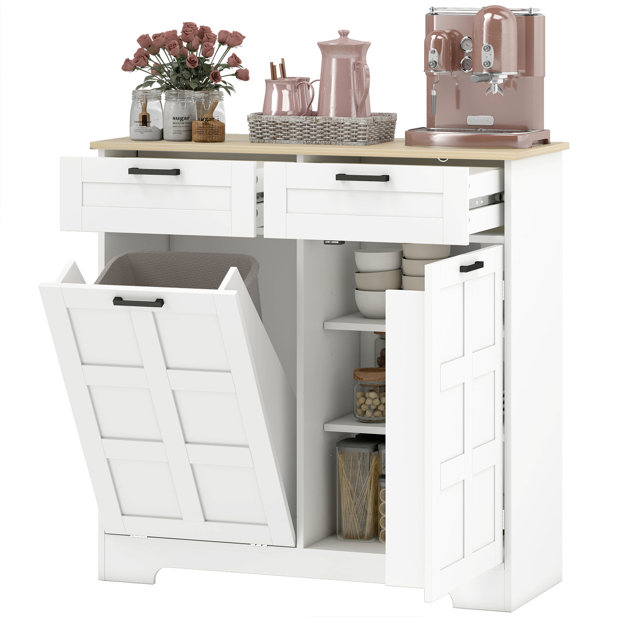 13 Gallon Tilt Out Garbage Cabinet, 2 Drawers, Door Racks, Adjustable Shelves