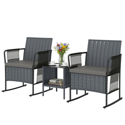 3 Pieces Rocking Bistro Set Outdoor Patio Furniture Set with Side Pockets, Mesh Seat, 2-Tier Table