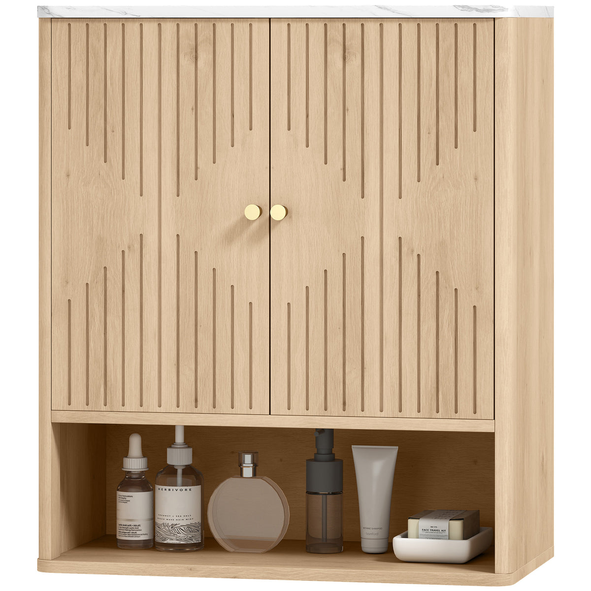 Bathroom Wall Cabinet, Wall-Mounted Medicine Cabinet with Adjustable Shelf, Open Shelf and Marble Effect Top