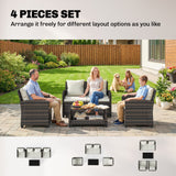 4-Piece Outdoor Wicker Patio Furniture Conversation Set, Chairs and 2-Tier Table with Cushions