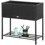 Rattan Raised Garden Boxes, Elevated Flower Beds with Storage Shelf for Herbs