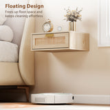 Floating Bedside Tables Set of 2, Wall Mounted Nightstands with Rattan Drawer and Wood Effect