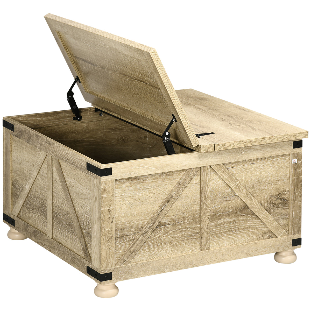 Farmhouse Coffee Table, Hidden Storage Compartment and Wooden Legs