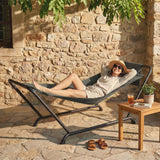 Hamac extérieur avec support, Lit de repos stable robuste avec poche latérale et appuie-tête pour cour patio piscine