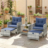 Ensemble mobilier patio 5 pièces, chaises patio rotin avec ottomans, table à café verre 2 étages et coussins