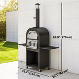 Outdoor Wood Fired Pizza Oven with Side Shelves and Open Cabinet, Pizza Maker on Wheels with Thermometer