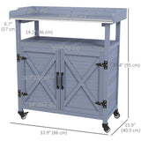 Établi de rempotage en bois extérieur avec armoire de rangement, roues en caoutchouc pour cour arrière