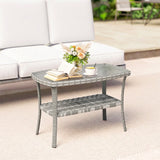 Outdoor Coffee Table with Storage Shelf, PE Wicker Patio Table with Glass Top for Garden