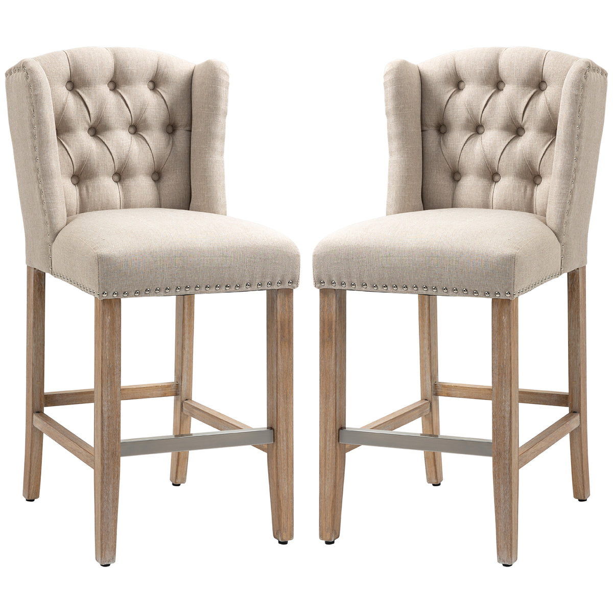 Tabourets de bar hauteur comptoir, lot de 2, chaises de bar rembourrées avec dossier clouté et repose-pieds