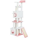 65 Inch Cat Tree with 2 Doors Condos, 4 Pompoms