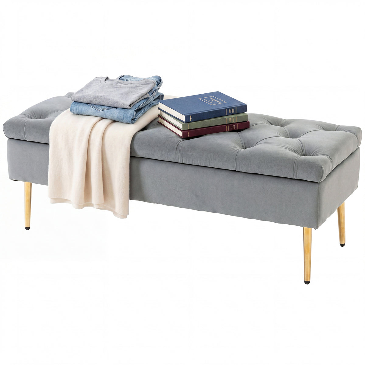 Upholstered Bedroom Bench with Gold Tone Metal Legs, Velvet Tufted and Thick Padding