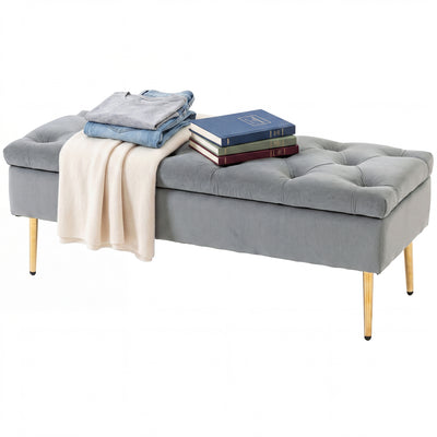 Upholstered Bedroom Bench with Gold Tone Metal Legs, Velvet Tufted and Thick Padding