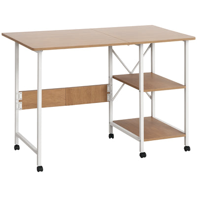 Folding Computer Desk with Storage Shelves, Study Writing Table Laptop Desk with 6 Wheels for Bedroom Home Office Workstation