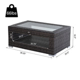 2-Tier Rattan Patio Coffee Table Wicker Patio Tea End Desk with Tempered Glass Top & Storage for Balcony