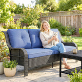 Sofa patio en osier avec coussins, canapé extérieur rotin 3 places pour patio