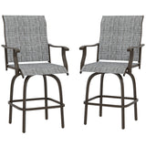 Ensemble de 2 tabourets de bar extérieurs, chaises pivotantes à hauteur de bar avec dossier haut, accoudoirs courbes et cadre en acier