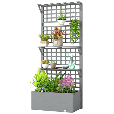 Wooden Raised Garden Bed with Trellis and Roof, Elevated Planter Box with 2 Shelves