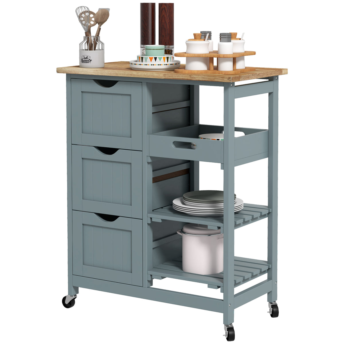 Chariot de cuisine à roulettes, desserte de cuisine mobile avec plateau en bois, 3 tiroirs et étagères pour la salle à manger