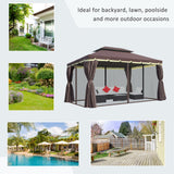 10 x 13ft Aluminum Frame Gazebo Canopy Double Tier Garden Shelter with Netting and Curtains
