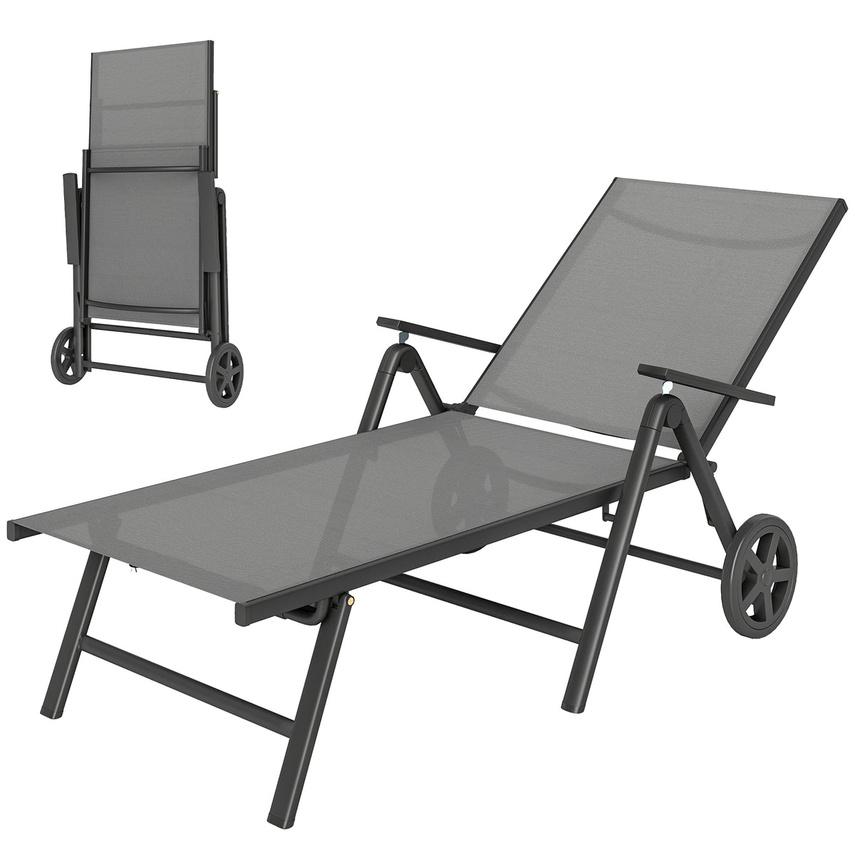 Outdoor Lounge Chair, 5-Level Adjustable Folding Chaise Chair with 2 Wheels for Backyard