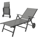 Outdoor Lounge Chair, 5-Level Adjustable Folding Chaise Chair with 2 Wheels for Backyard