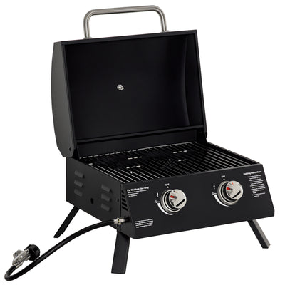 2 Burner Propane Gas Grill, Outdoor Portable Tabletop BBQ with Foldable Legs, 10000 Each Burner