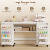 Folding Craft Table, Rolling Sewing Machine Table with Magnetic Doors, Storage Shelf, Lockable Wheels