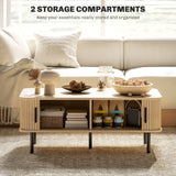 Coffee Table with Storage, Nordic Side Table with Fluted Tambour Sliding Doors and Steel Legs for Living Room